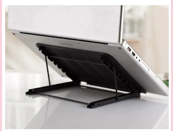 Silver adjustable laptop stand with six tilt angles, shown holding a tablet in horizontal orientation.