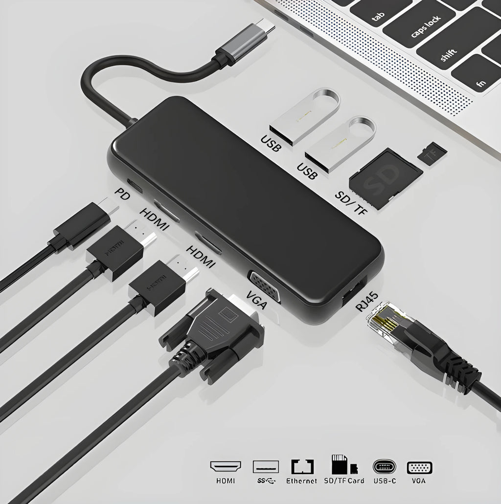 9in1 USB hub with dual HDMI, VGA, and Gigabit Ethernet ports on a desk
