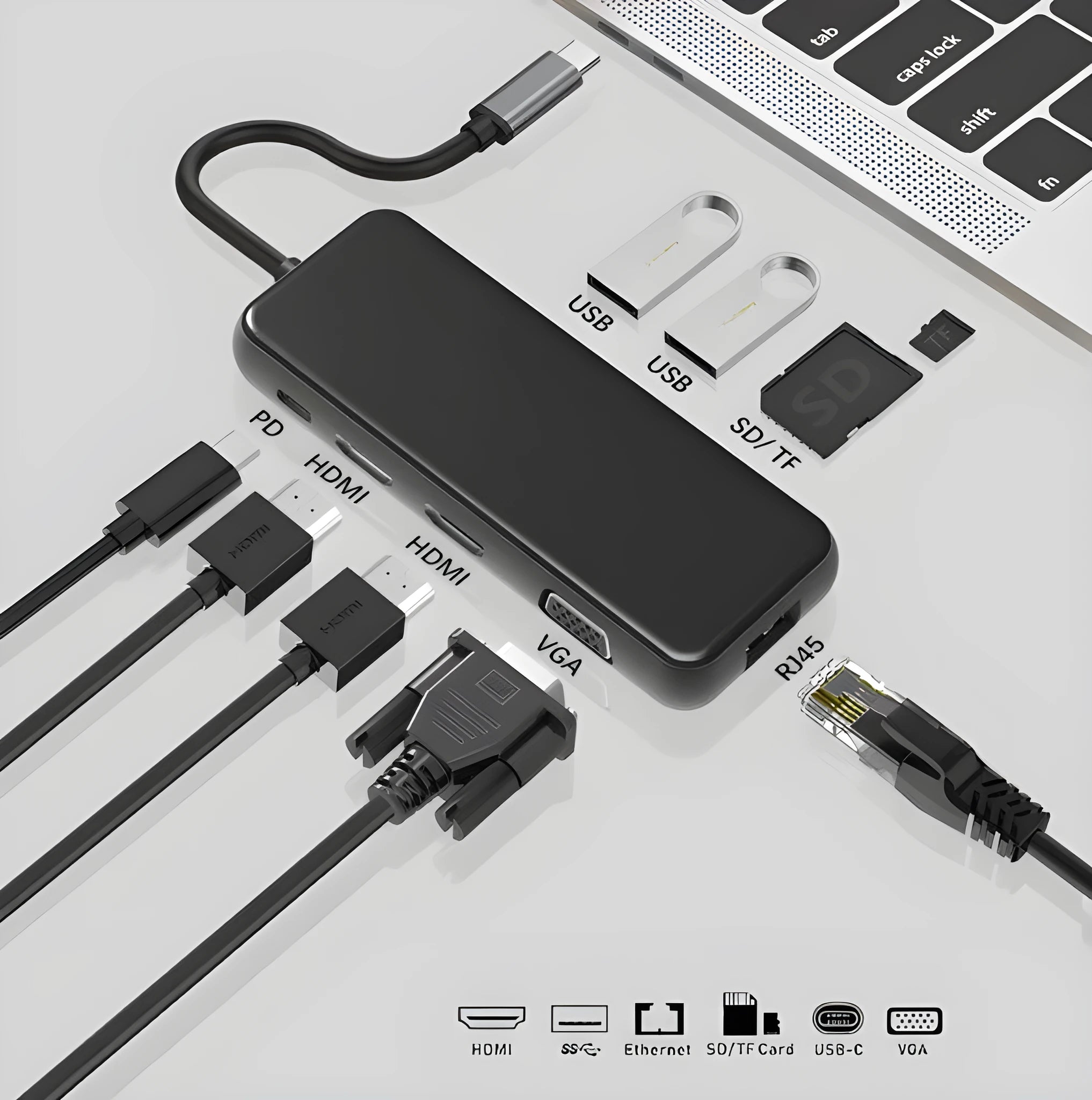 9in1 USB hub with dual HDMI, VGA, and Gigabit Ethernet ports on a desk