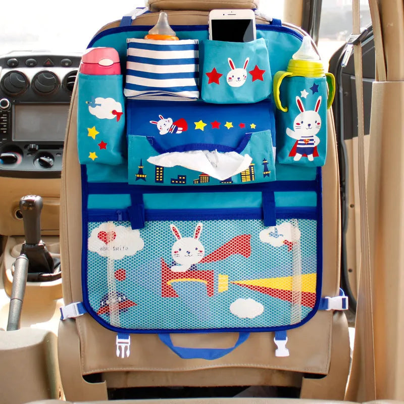 Set of six cartoon car storage bags in assorted styles A1, A2, A3, A4, A5, A6 for seat back organisation