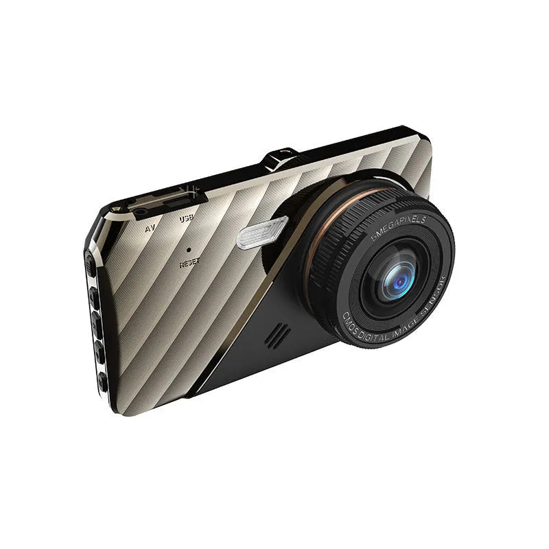 4 inch front and rear dual lens dashboard camera with touch screen display showing dual camera views