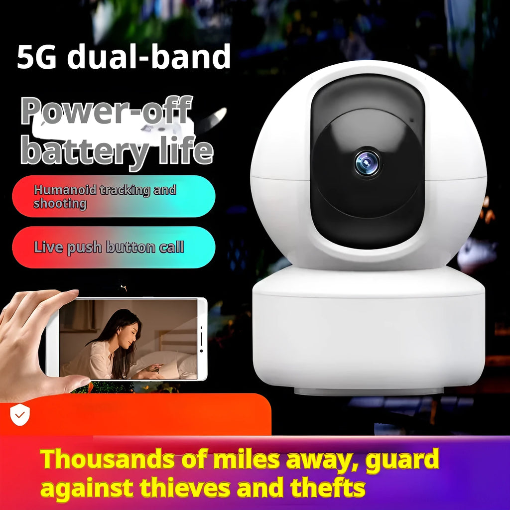 5G dual band wireless security camera with night vision and built-in microphone on a white background