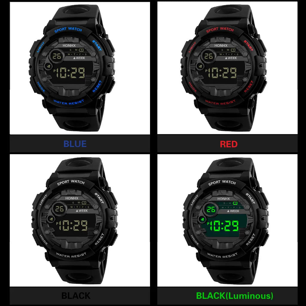 Digital watch with calendar alarm stopwatch LED display round resin case 43mm PU strap black blue red
