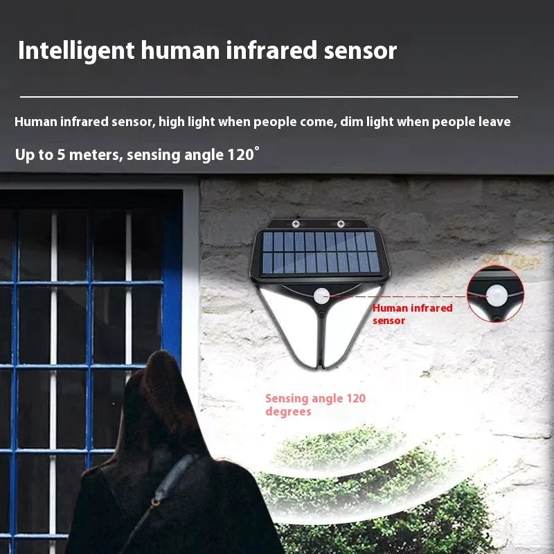 Heart shaped human induction solar wall lamp with binocular lights on an exterior wall in a villa courtyard