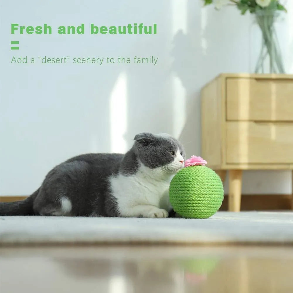 Green cactus-shaped cat scratcher with sisal fibres and attached tumbler ball for indoor play