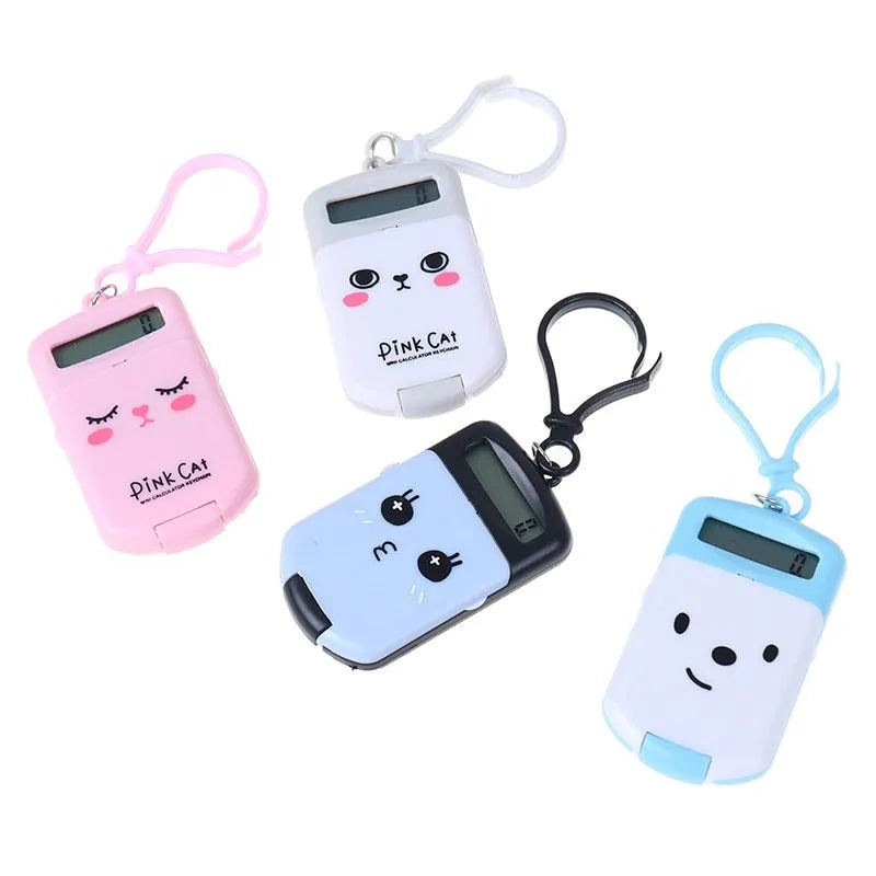 Cookie-shaped mini calculator with key ring in pink, blue, grey, or black, 6.4 x 3.6 x 11.2 cm plastic body
