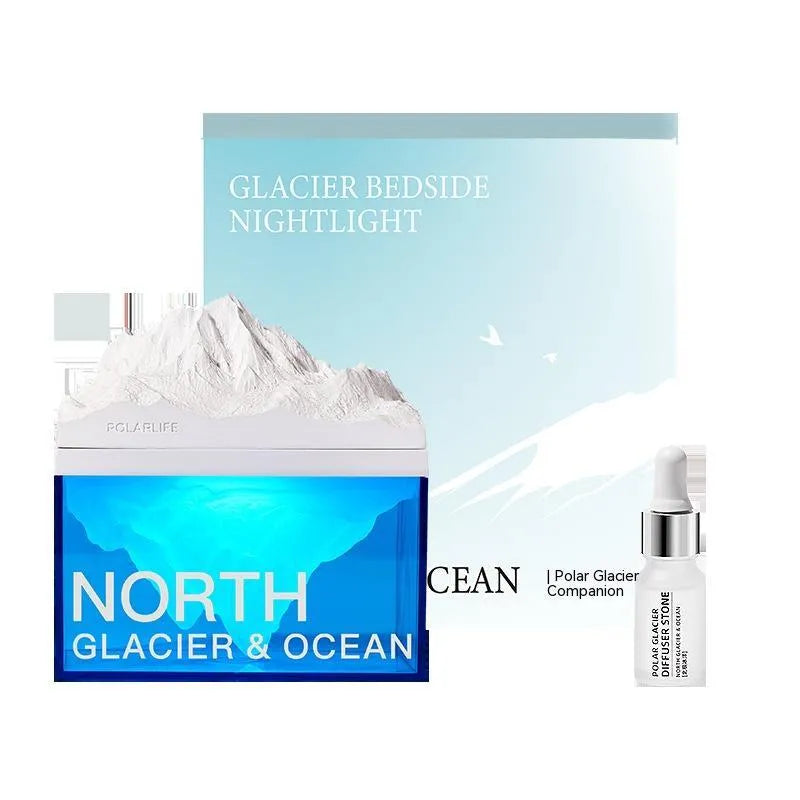 Glacier night light Bluetooth speaker with solid colour glacier pattern on bedside table
