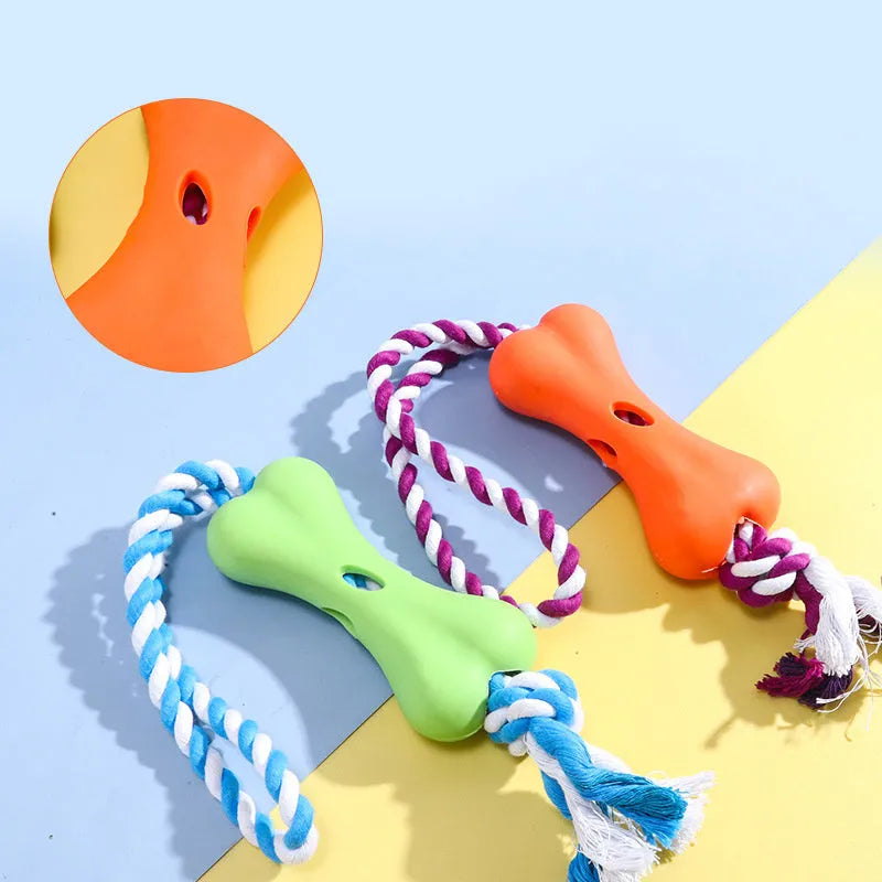 Green porous bone-shaped dog chew toy with rope knot texture on a white background.
