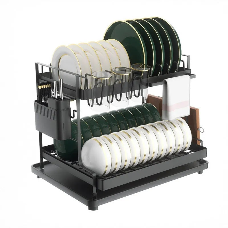 White double-layer carbon steel kitchen draining and storage rack holding plates and utensils.