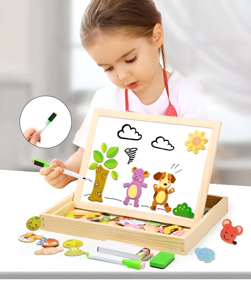Wooden magnetic puzzle board with animal figures and drawing surface for children
