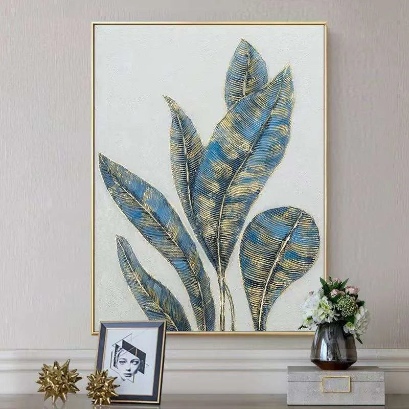 Hand-painted abstract green and golden banana leaves canvas wall art, rolled and frameless, on a white background