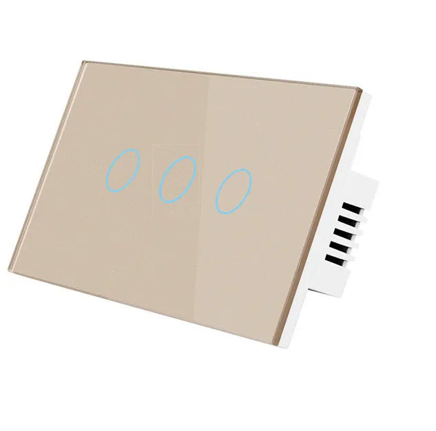 White 2-gang RF remote touch light switch with tempered glass panel and LED indicators