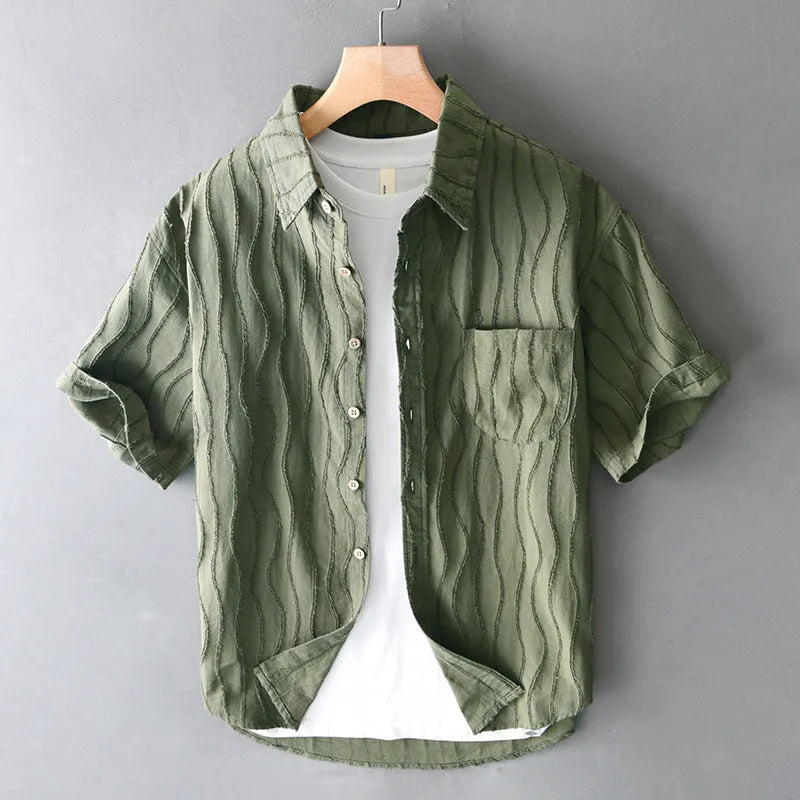 Men's apricot coloured pure cotton casual shirt with short sleeves and loose fit.