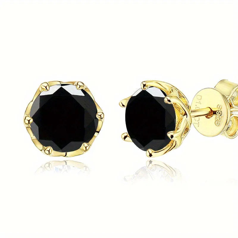 Black round mini ear studs with inlaid zircon, silver plated alloy, 10mm diameter, on a plain background