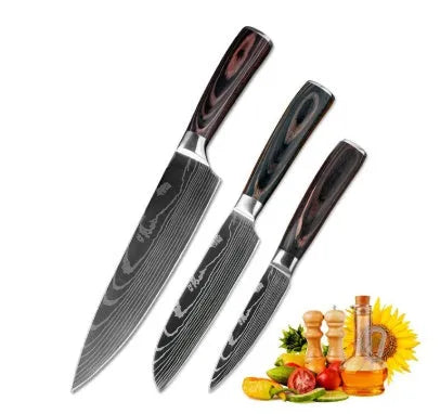 7Cr17 stainless steel kitchen knife with laser Damascus pattern on blade and colour steel handle.