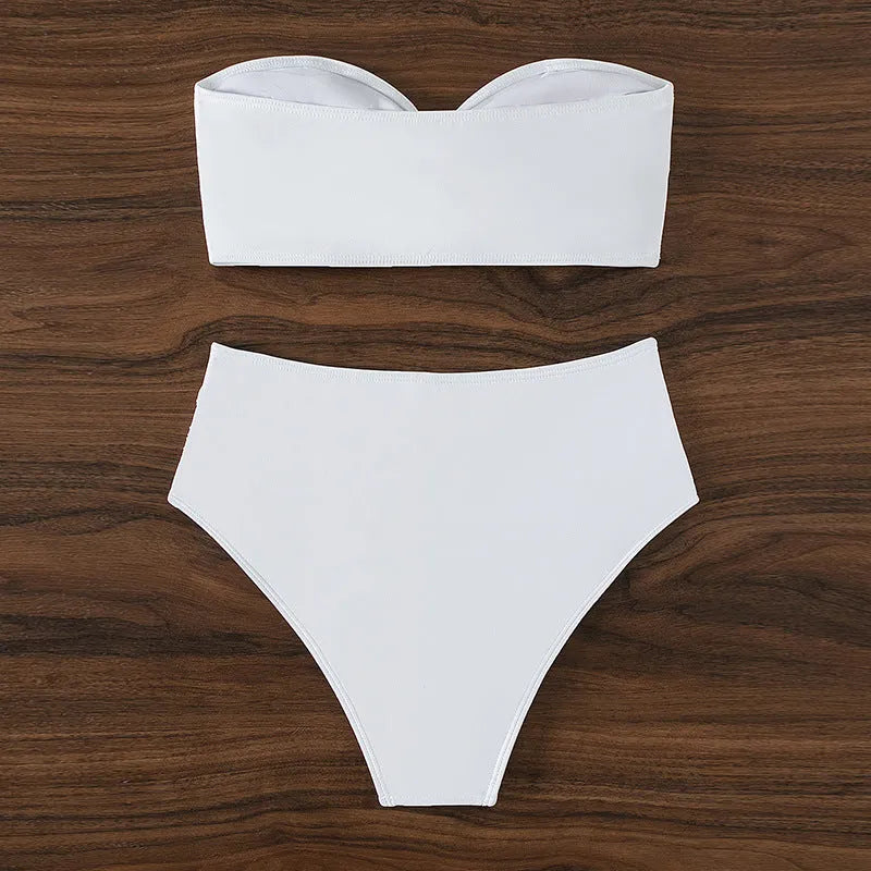 Women's solid colour white polyester tube top bikini set with pants for swimming