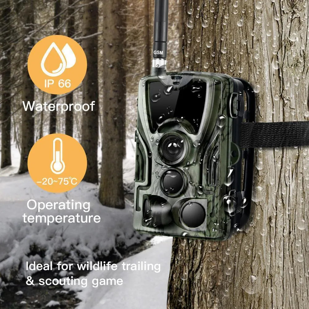 Green cellular trail hunting camera with belt mount showing 16MP sensor and IP65 waterproof rating