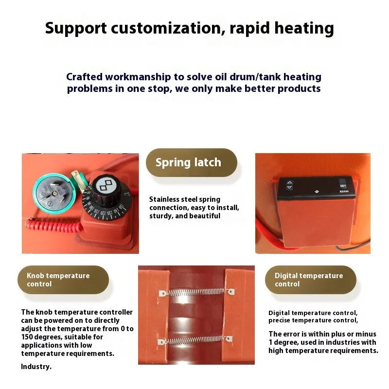 Silicone rubber heating belt wrapped around a 200-litre oil drum with digital control panel