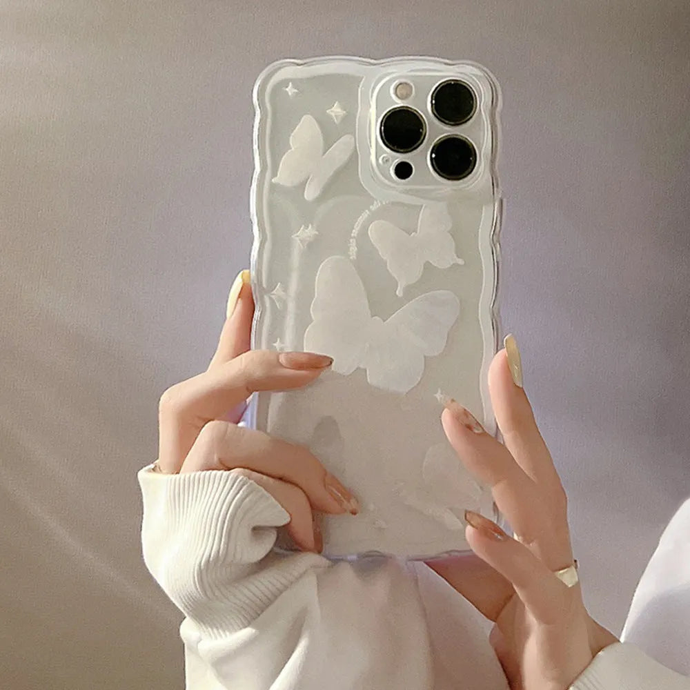 Simple butterfly transparent TPU phone case for iPhone 12-15, white crystal butterfly design