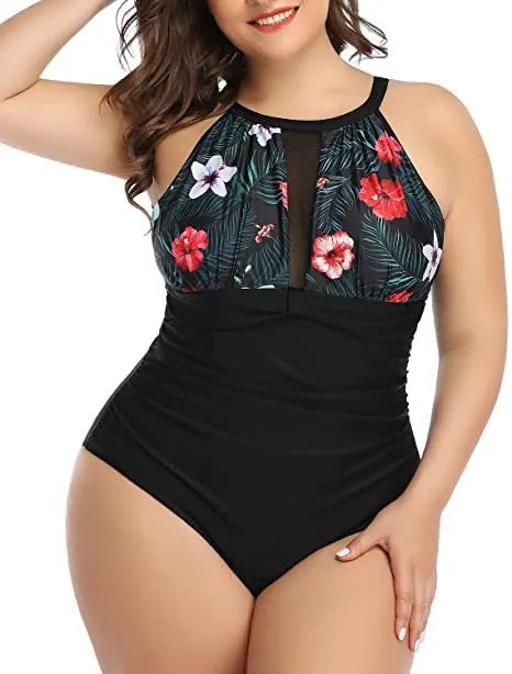 A women's solid colour one-piece lace swimsuit in black, red flower, or stripes pattern.