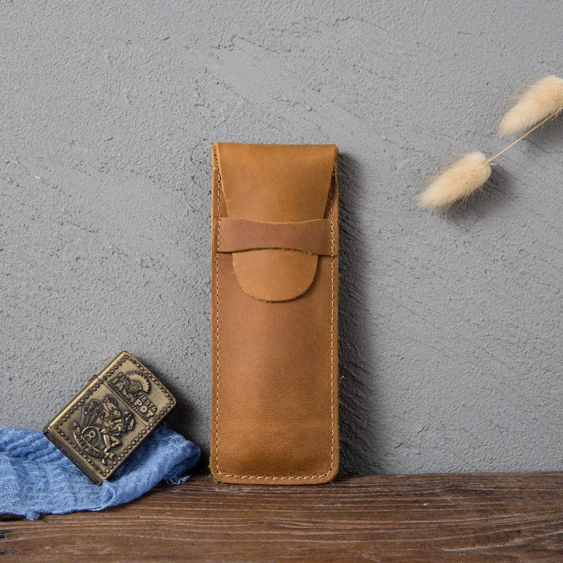 Square vintage leather pencil case showing retro crazy horse texture and 16cm by 6cm dimensions