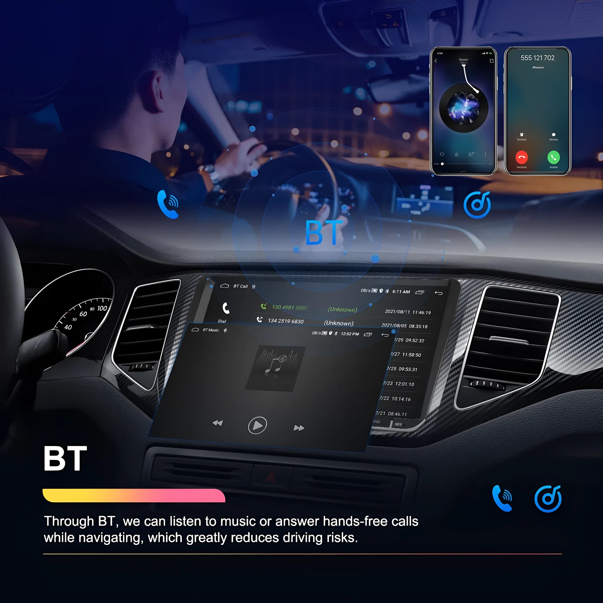 7 inch Android 13 car stereo head unit with touchscreen display for GPS navigation and smartphone mirroring.
