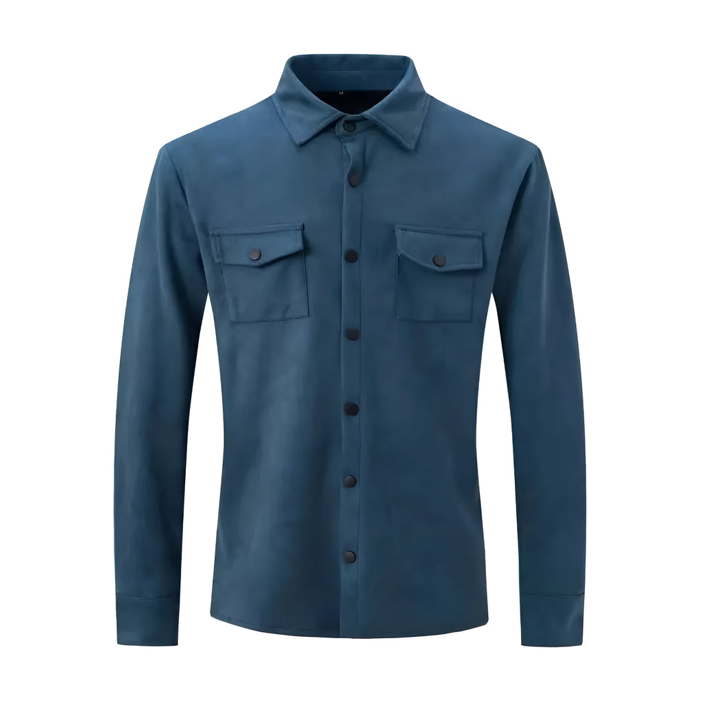 Men's turn-down collar casual jacket in solid colour with thickened suede fleece fabric, 3D patch pockets, and loose fit, available in grey, burgundy, black, and other colours.