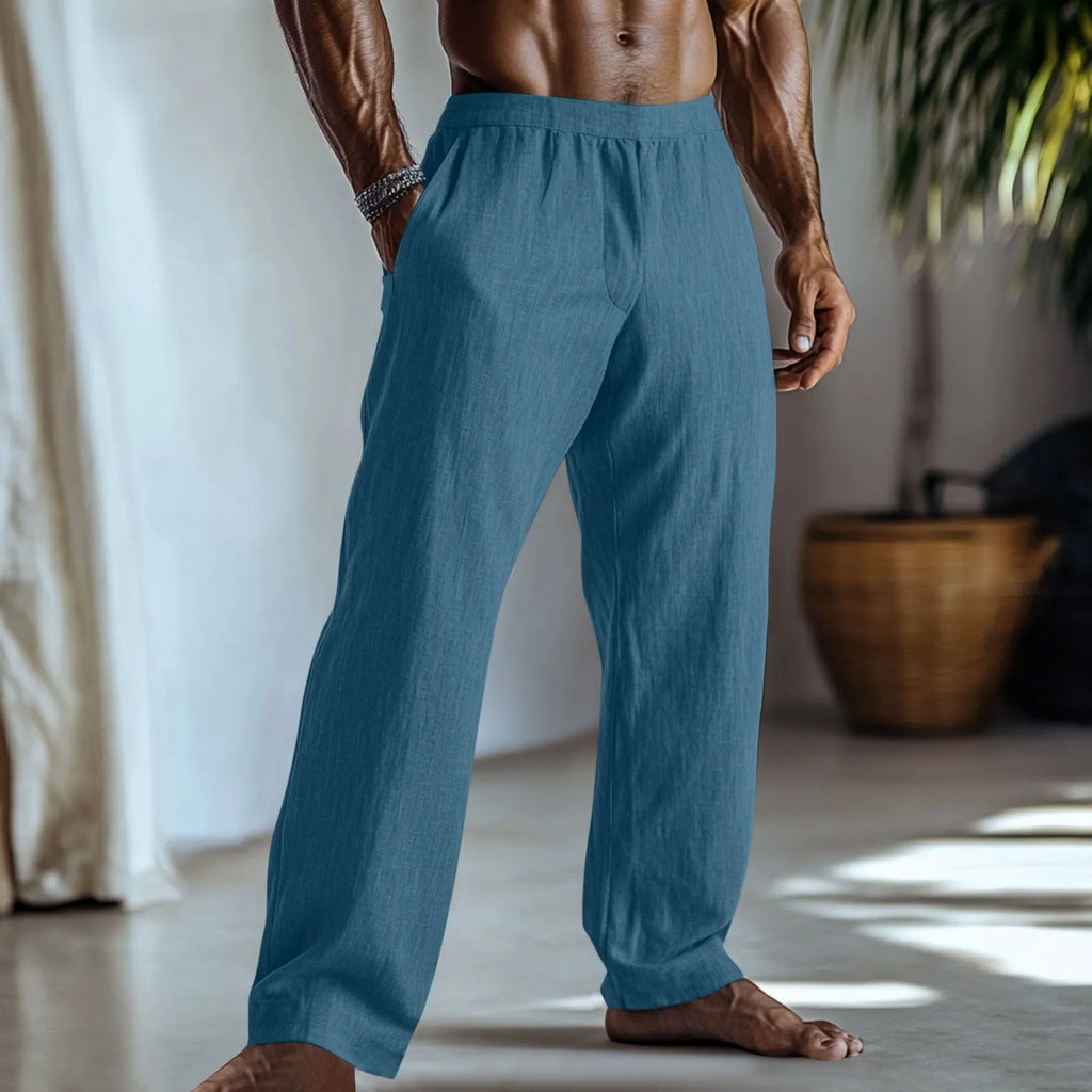 Straight-leg cotton linen casual trousers in light green colour showing front and back views