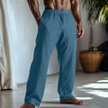 Straight-leg cotton linen casual trousers in light green colour showing front and back views