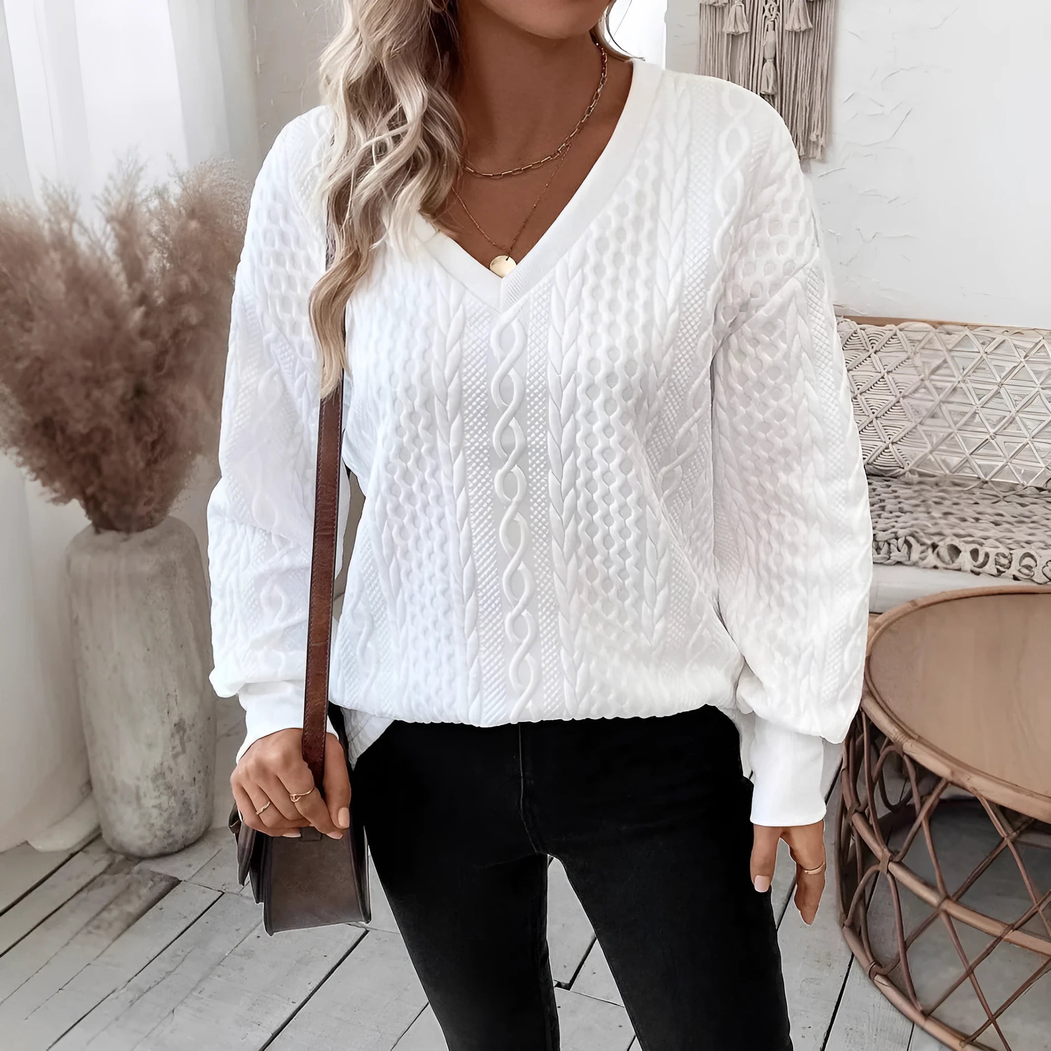 Milky white loose fit casual T-shirt with 3D pattern design and long sleeves