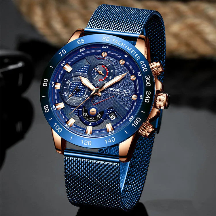 Multi-function six-needle chronograph watch with stainless steel strap and IP blue alloy case model 2280