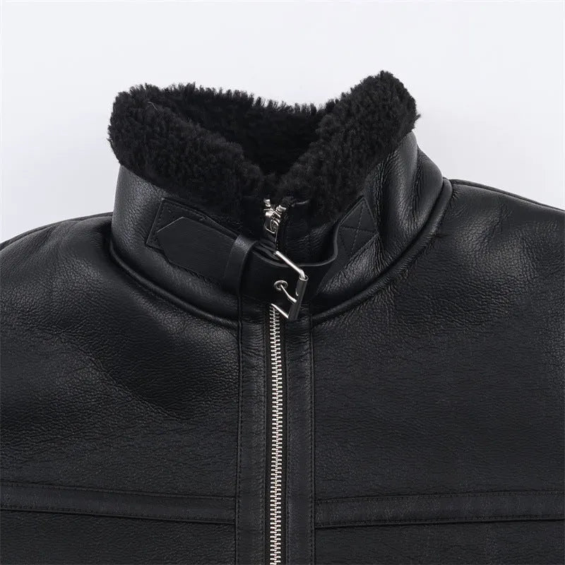 Women's double-sided fleece jacket black reversible casual PU fabric medium thickness