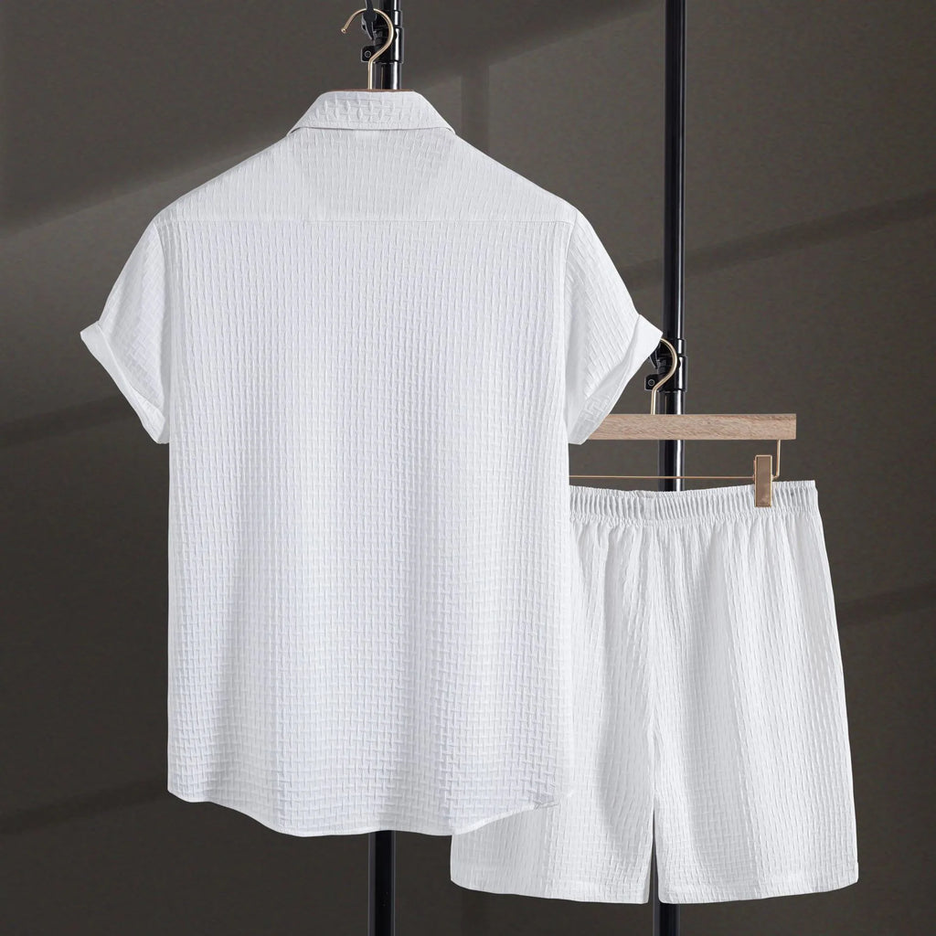 Men's white cotton blend short sleeve shirt and matching shorts casual summer suit