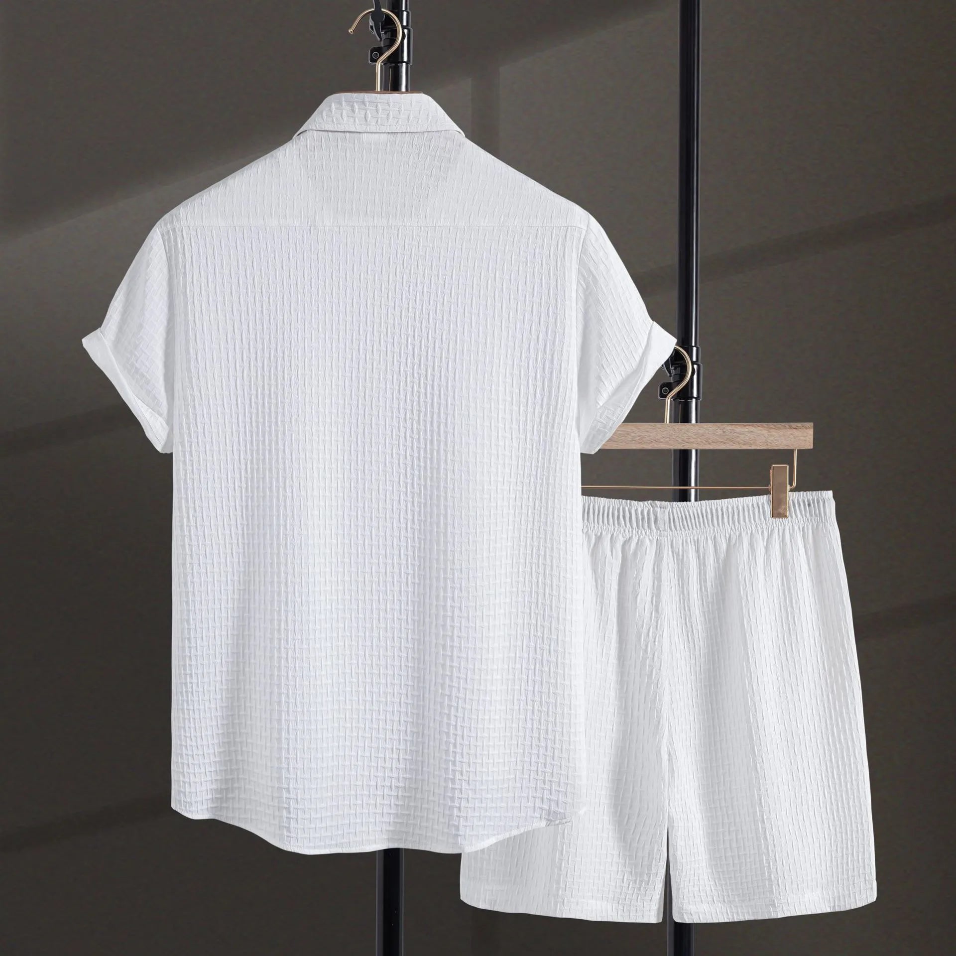 Men's white cotton blend short sleeve shirt and matching shorts casual summer suit