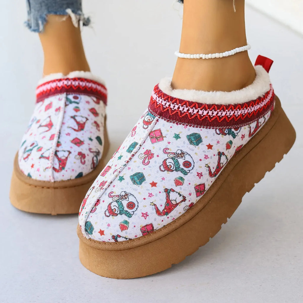 Women's cartoon Christmas print ankle boots with plush lining, round toe, flat heel, available in Santa Claus print