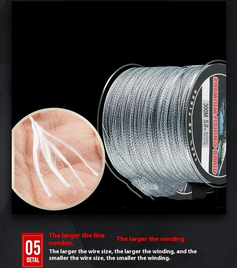 Dali Mayu PE braided fishing line spool in multiple colour options showing 300m length