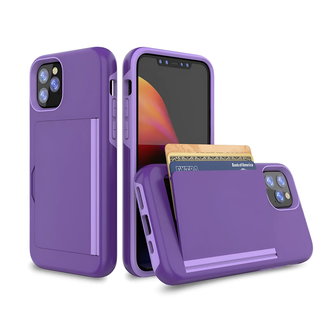 A solid colour mobile phone case for iPhone 11 series, shown in black, red, pink, blue, dark blue, and purple colour options.