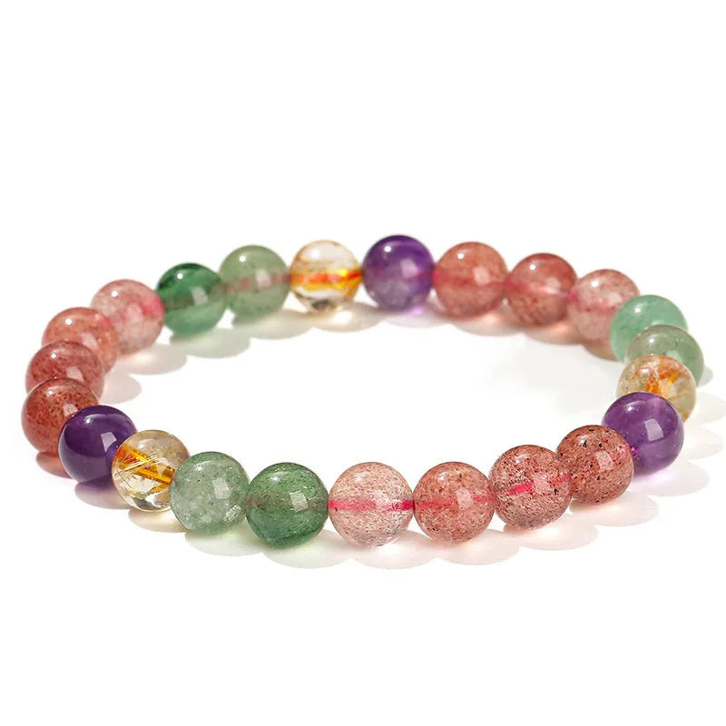 A women's bracelet with pink strawberry quartz and natural tourmaline beads in geometric shapes, showing 7mm, 8mm, and 9mm size options.