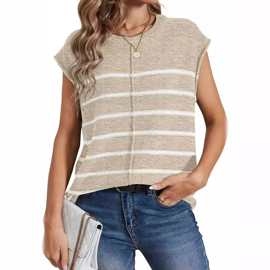 Women's striped sleeveless pullover vest top in apricot colour with bone stitching detail.