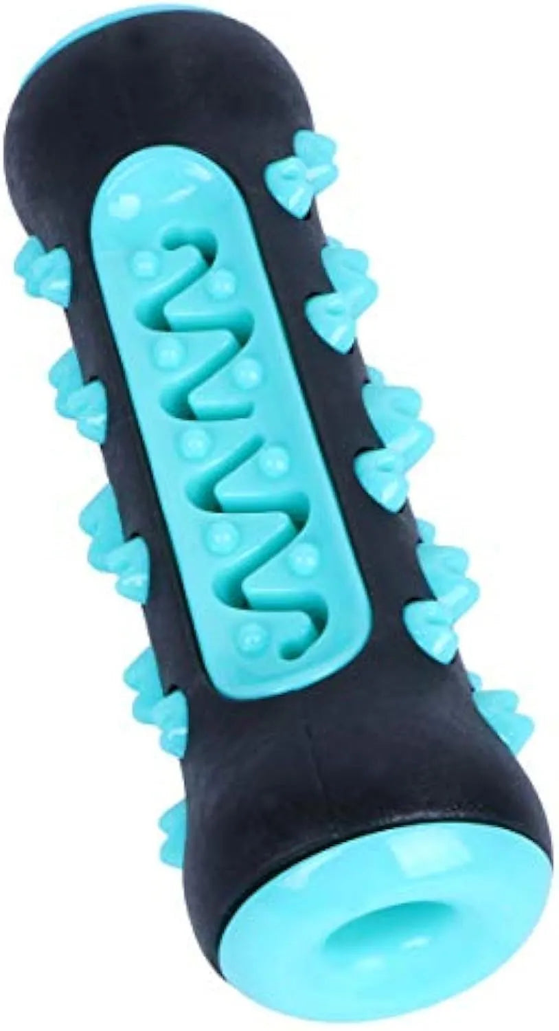 A natural rubber dog toothbrush chew toy in blue, measuring 15 cm long, for dental cleaning and play.