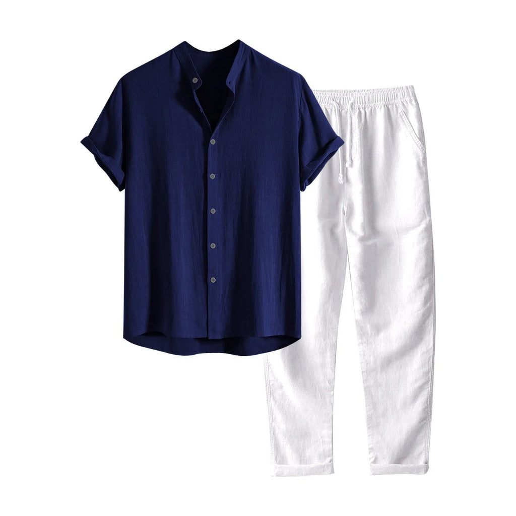 Men's casual linen-look shirt and trousers set in solid colour with short sleeves