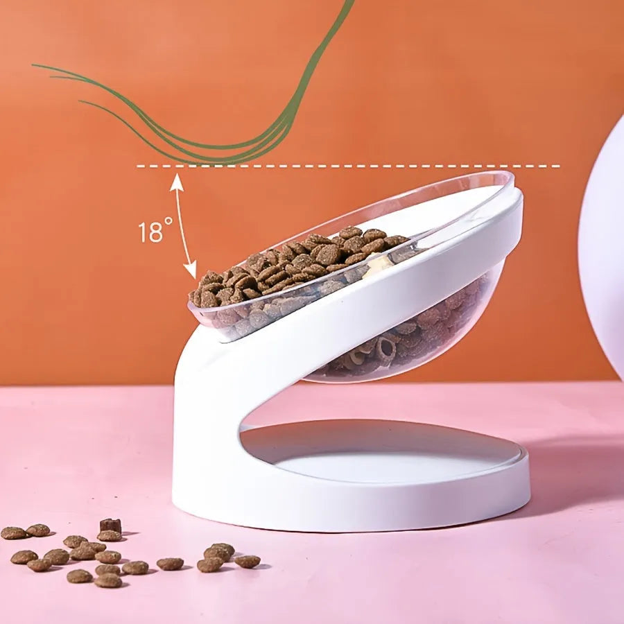 White elevated cat food bowl with ergonomic tilt design for neck protection