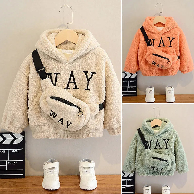 Children's fleece jacket with hood in cashmere fleece fabric with cartoon print design