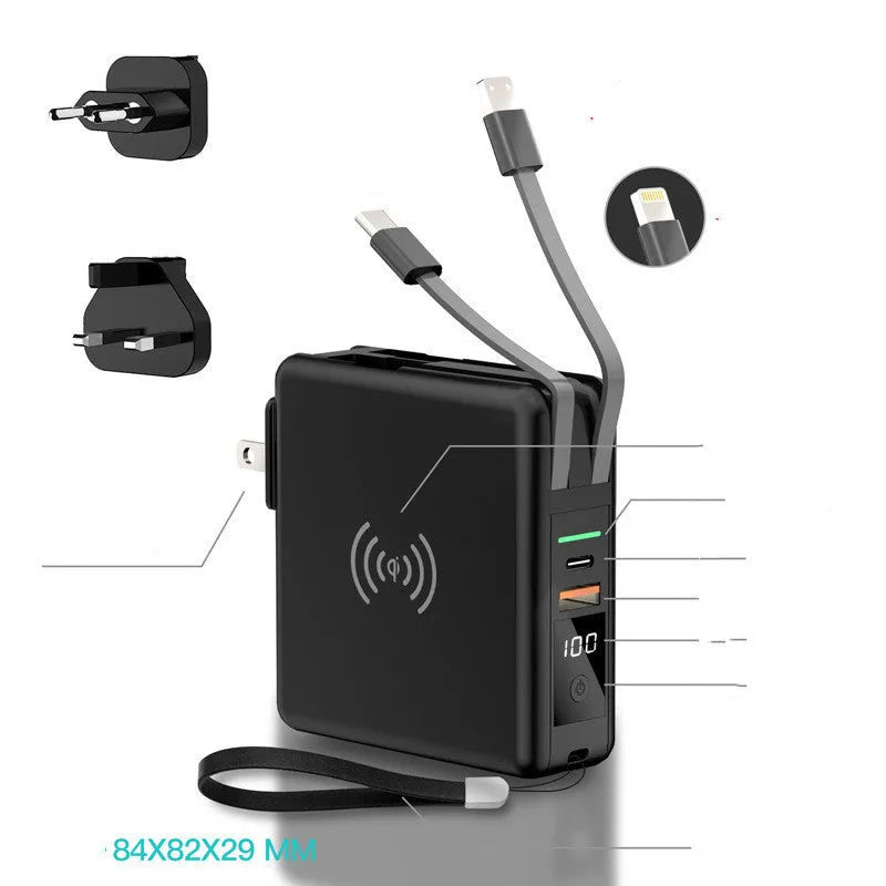 Super QI Power Bank with folding international plug in black, showing wireless charging surface and USB-C port.
