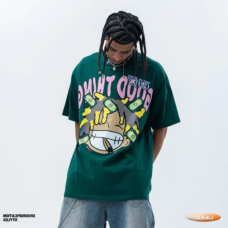 Men's pure cotton short sleeve t-shirt in white with cartoon print and loose fit