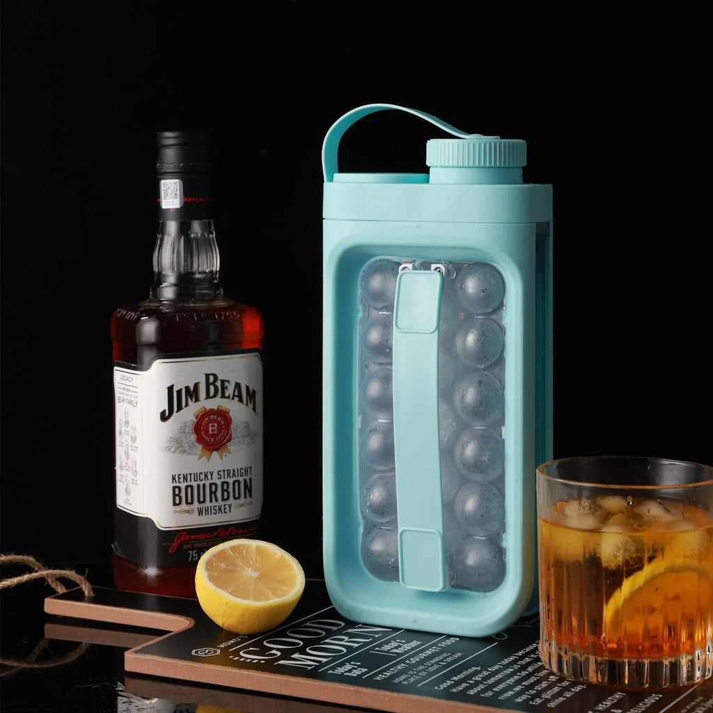 Light blue and white portable ice ball kettle with quick release mould, shown making 17 ice balls.