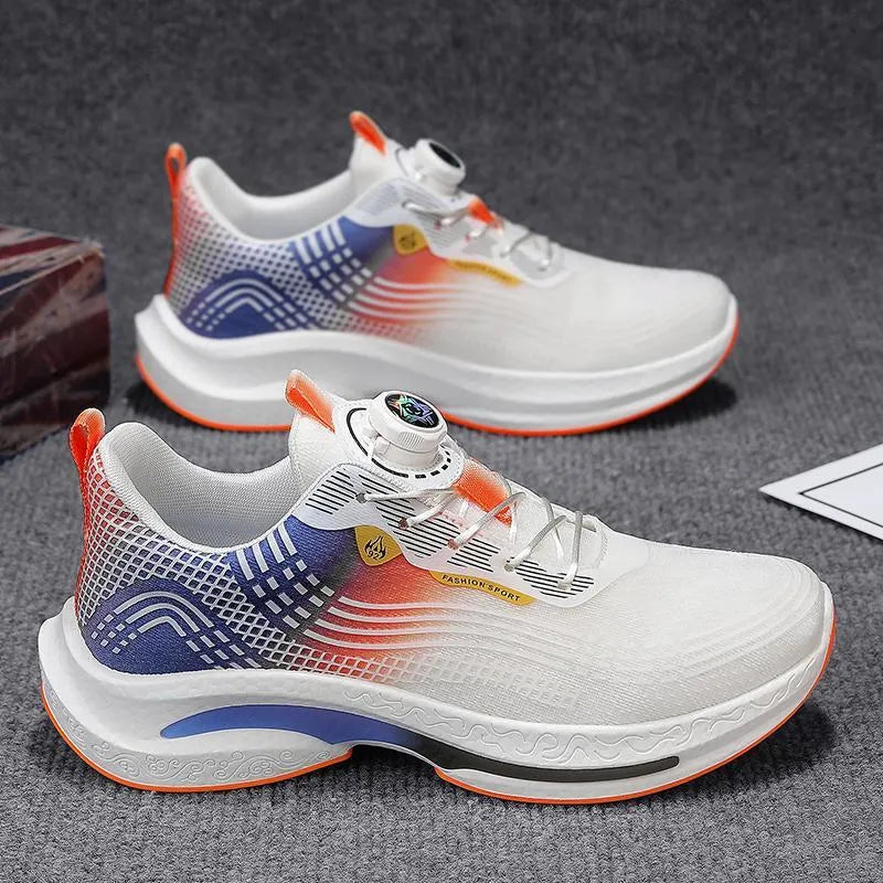 Men's white and blue mesh sneaker with rotating buckle closure and rubber sole