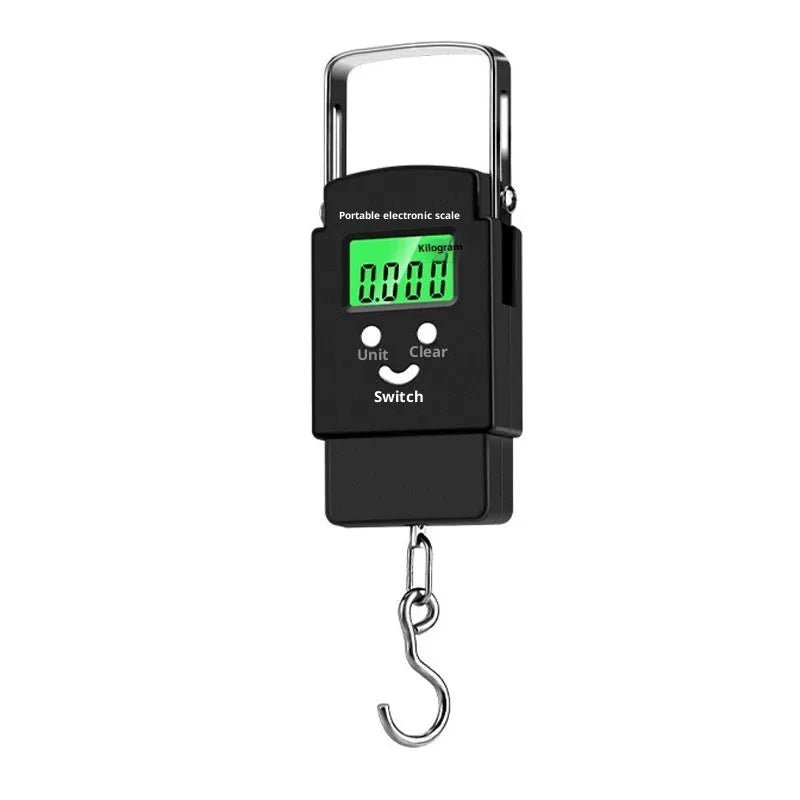 Mini handheld electronic scale with 50kg capacity and blue backlight option for luggage and shopping
