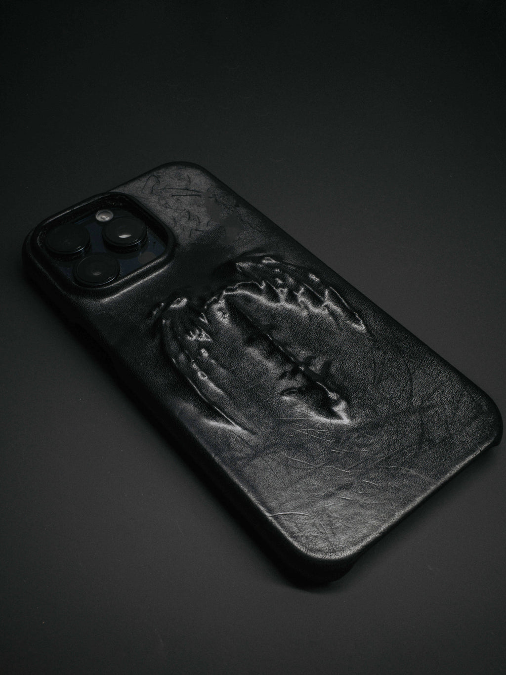 Retro gothic vampire bat wing embossed dark style cowhide leather phone case for iPhone, red and gray-black
