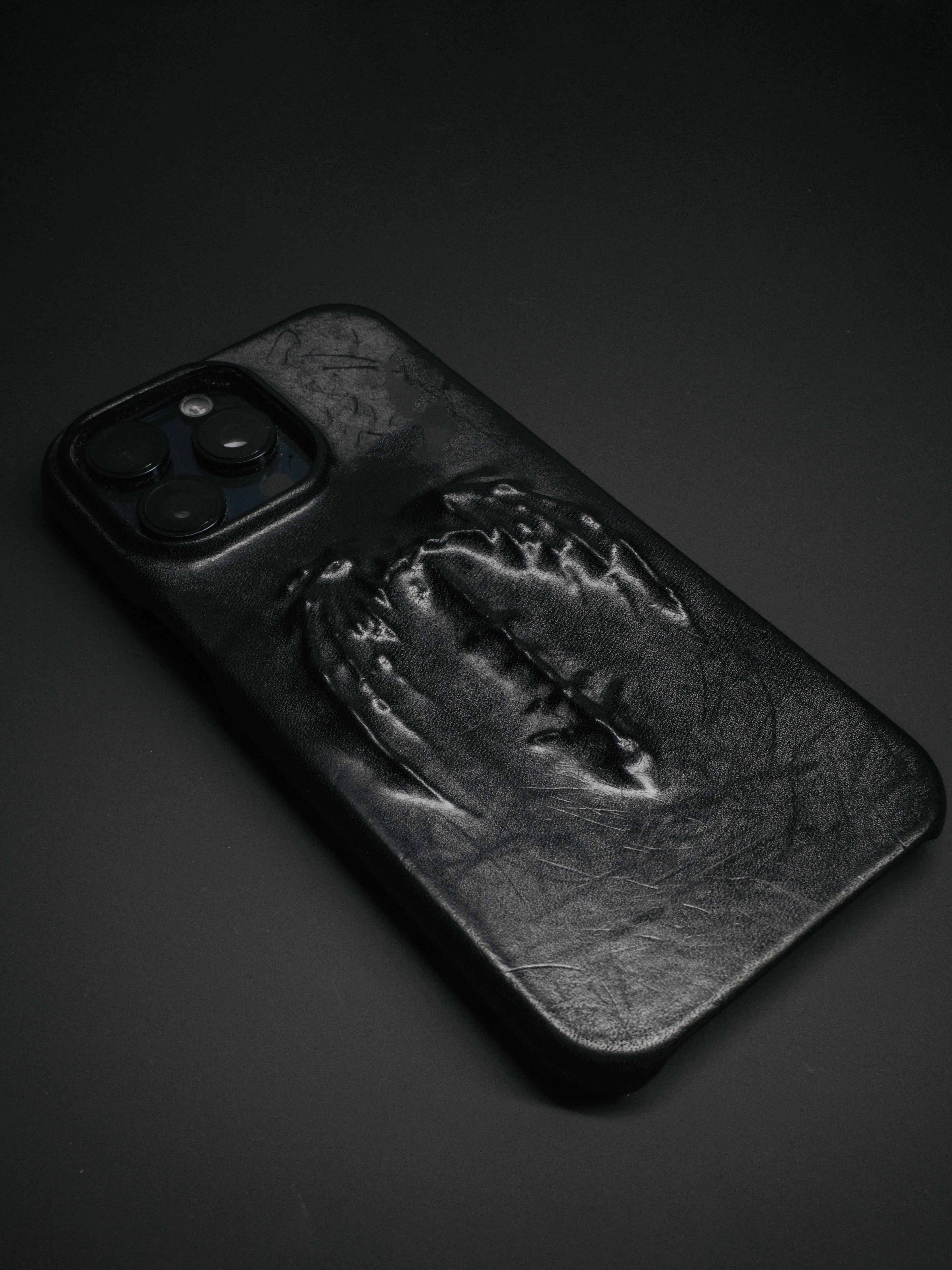 Retro gothic vampire bat wing embossed dark style cowhide leather phone case for iPhone, red and gray-black